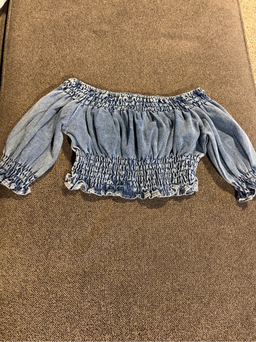 Youth Off-Shoulder Smocked Blue Denim Crop Top